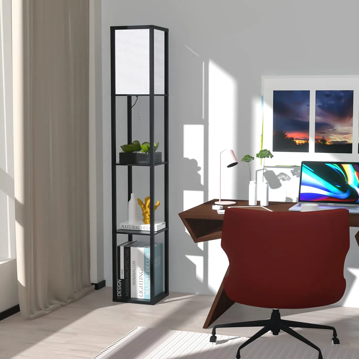 Omdekor Stehlampe mit Regal aus Holz, Stehlampe Wohnzimmer mit 3 Farbtemperatur, Stehleuchte 1.62M mit Lampenschirm, Moderne Schwarz Standleuchte mit 3 Holzregale für Whonzimmer Schlafzimmer Büro