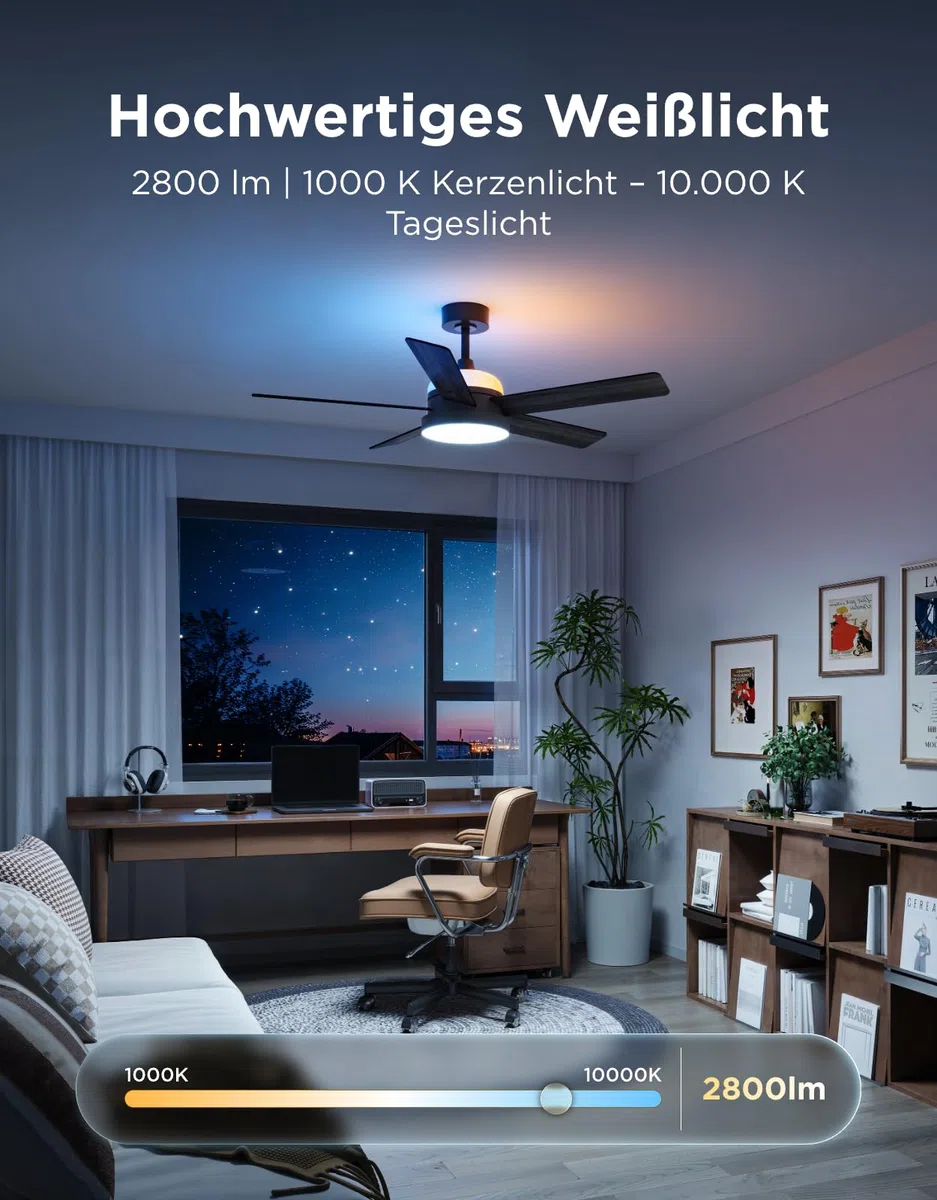 Govee Deckenventilator mit Beleuchtung RGBIC, Ø132cm, 2800 lm, Reversibler DC Motor, Smart Leise