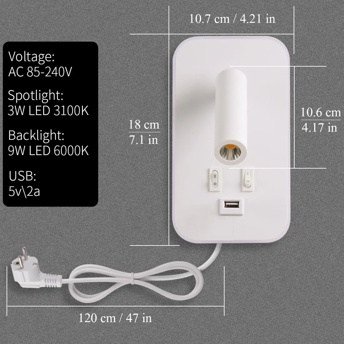 LED leselampe wandlampe USB-Aufladung mit schalter verstellbarer wandleselampe Bettlampe Wandleuchte innen Leselicht Schwenkbar Schlafzimmer 3W 3100K +9W 6000Kmit Stecker und Kabel, Weiß