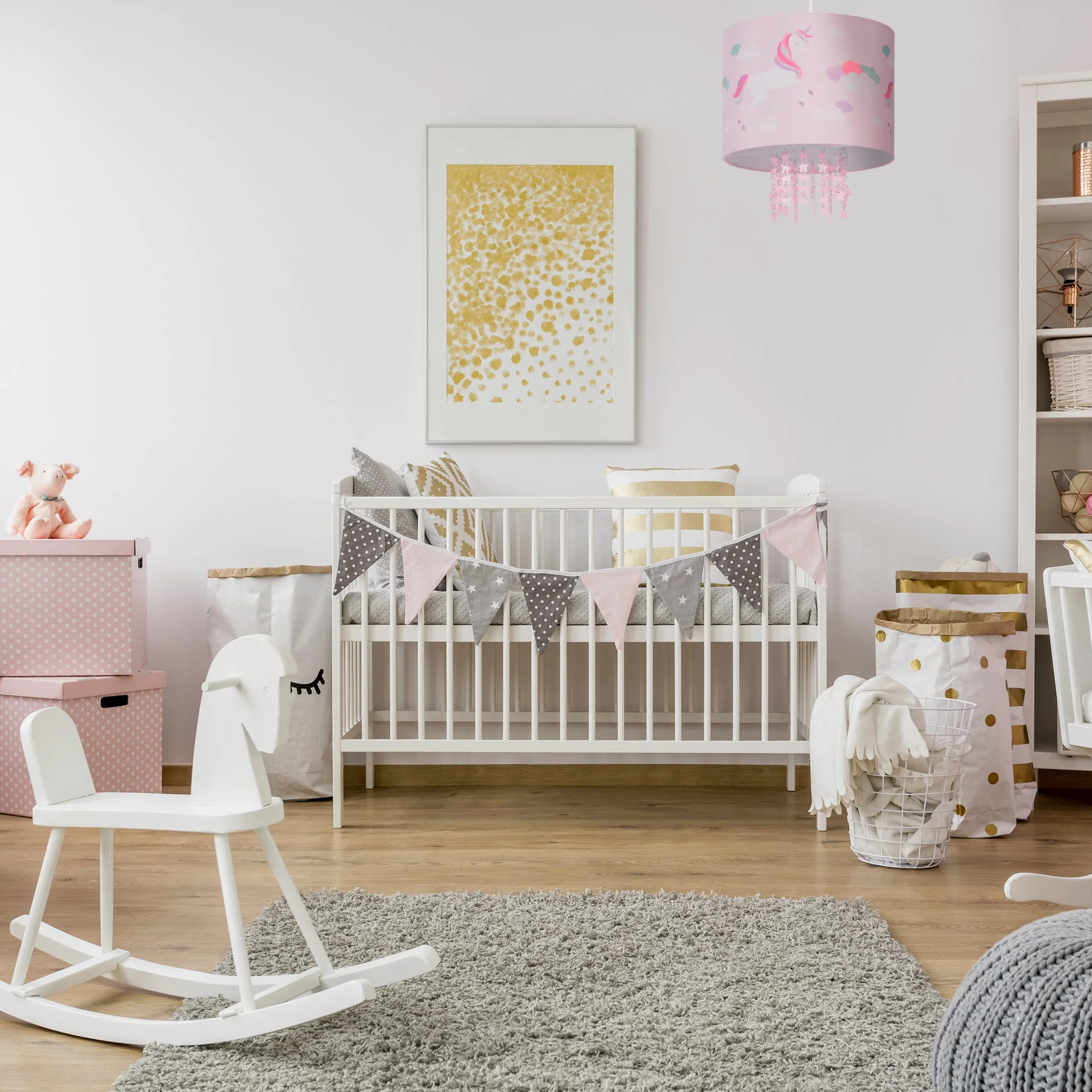 Relaxdays Hängelampe Kinderzimmer, Lampenschirm mit Einhorn-Motiv, HxD: 158 x 35 cm, E27, Pendelleuchte für Kinder, rosa