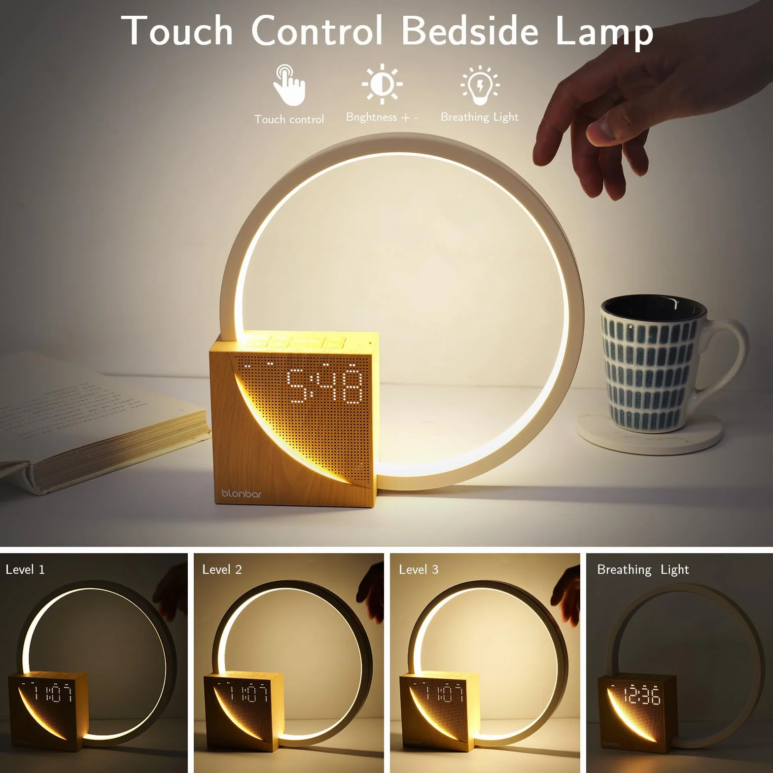 blonbar Nachttischlampe mit USB-Ladefunktion, Touch Control Dimmbar Lichtwecker Wake Up Light Einschlafhilfe Babys und Erwachsene, 3 Stufige Helligkeit Nachttischlampe für Schlafzimmer Wohnzimmer