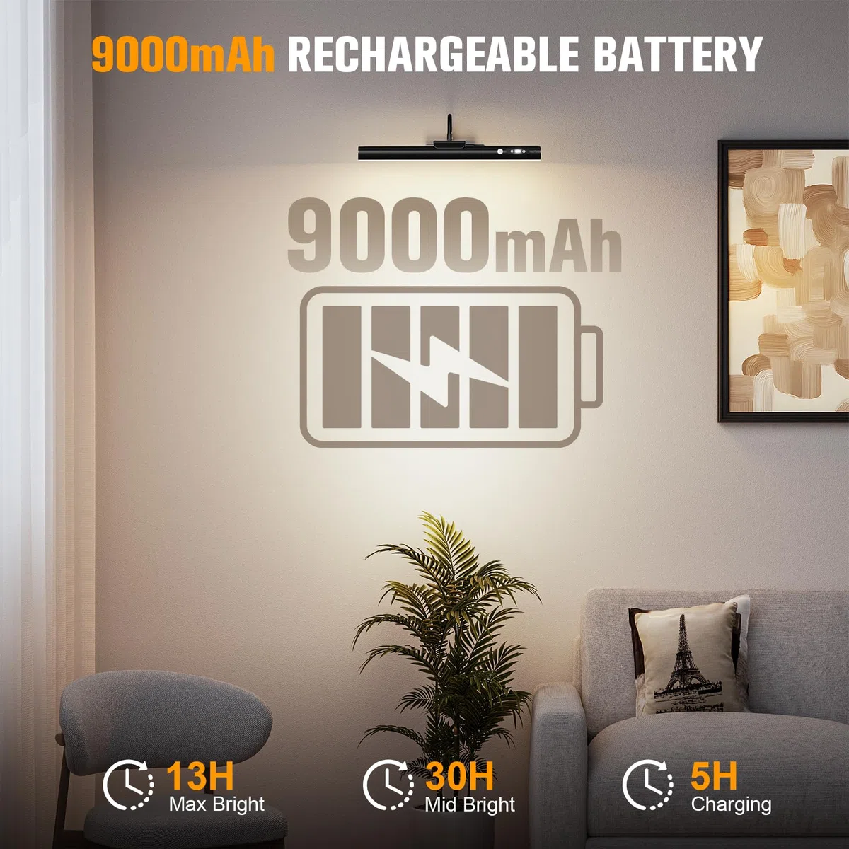 Bilderleuchten mit 9000mAh Akku und Bewegungsmelder, Magnet Bildbeleuchtung Kabellos, Akku Wandlampe Innen mit Fernbedienung Timer, LED Wandleuchte für Foto, Dartscheibe Spiegel (Schwarz, 1 Stück)