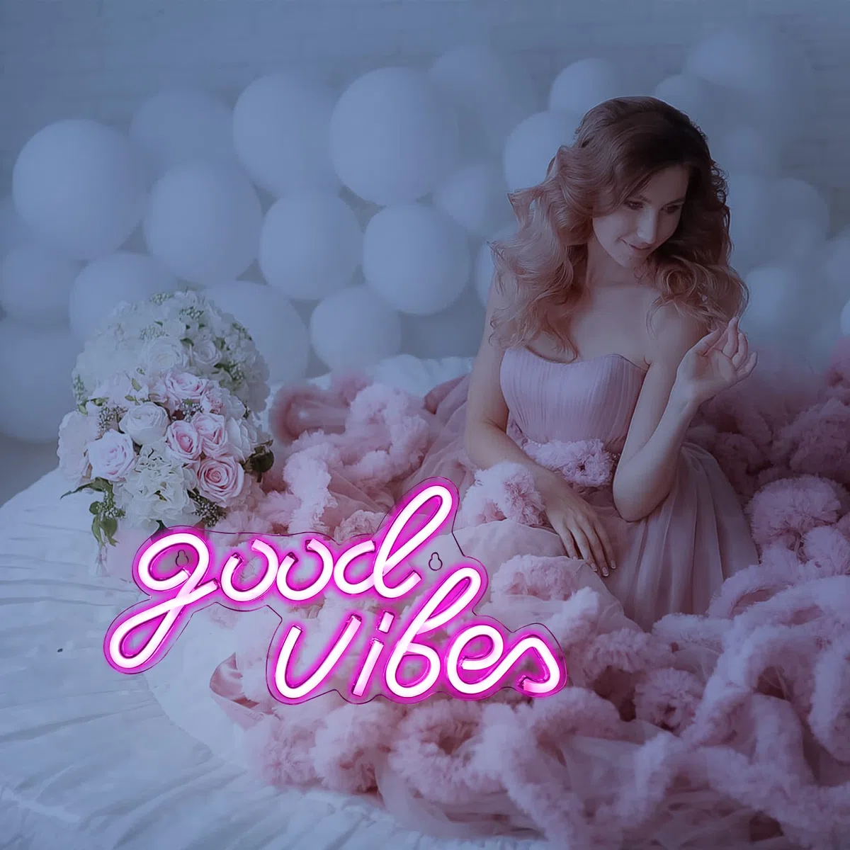 Wanxing Rosa Good Vibes Neon Schild,Neon-Wanddekorationsschilder, Echtes Acryl-Neonlicht, 7,9"x 15,9"USB-LED-Neonschilder für Schlafzimmer,Hausbar,Hochzeitstag,Partygeschenk zum Geburtstag