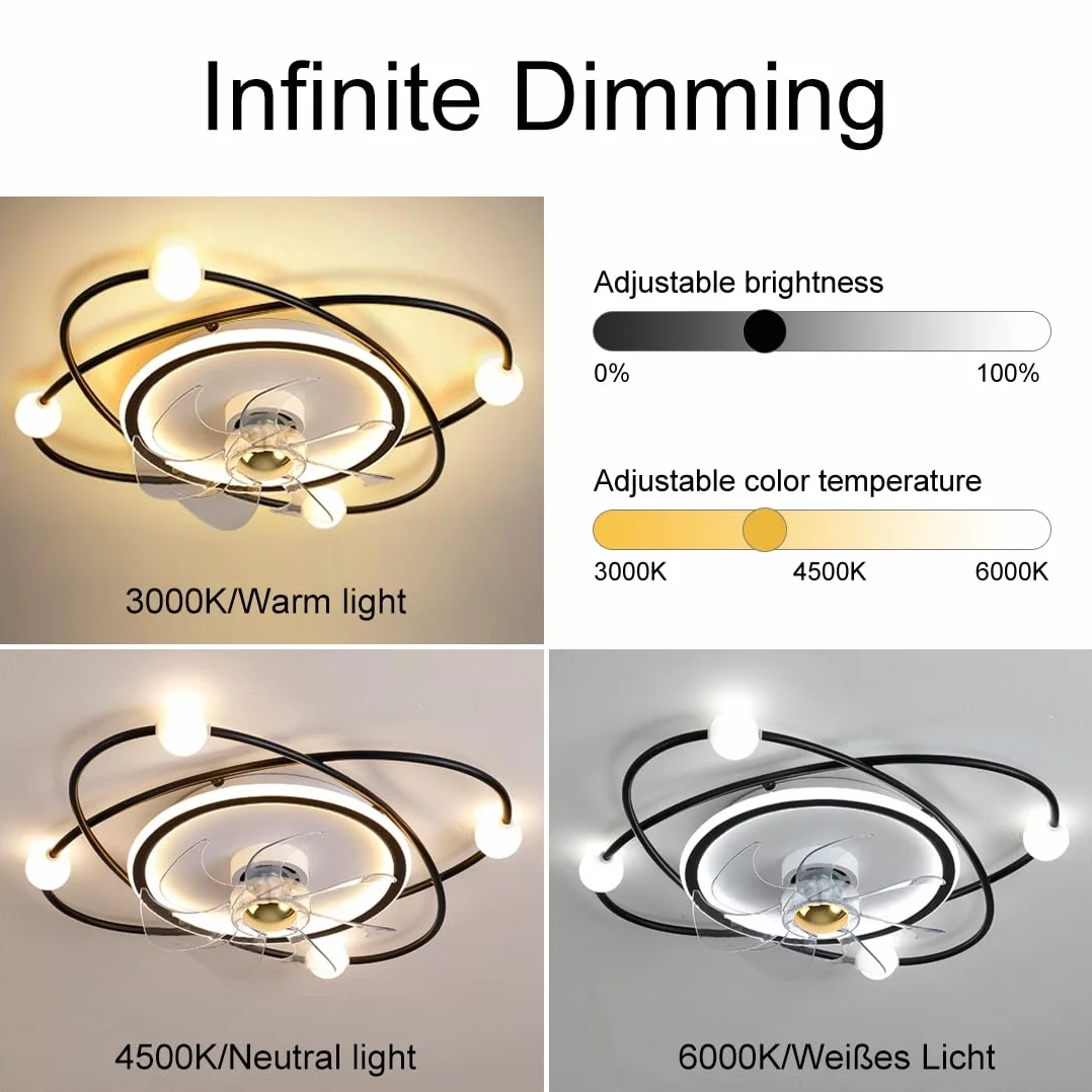 Moderner Deckenventilator mit Beleuchtung 55cm Dimmbare LED-Deckenlampe 48W Timer für Wohnzimmer Esszimmer Schwarz