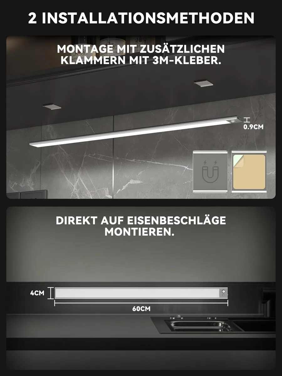 60CM Unterbauleuchte Küche LED Dimmbar, 216 LEDs Schrankbeleuchtung mit Bewegungsmelder, 4500mAh wiederaufladbar Beleuchtung LED leiste, 3 Farbmodi magnetische Led Leiste für Schrank,Kleiderschrank