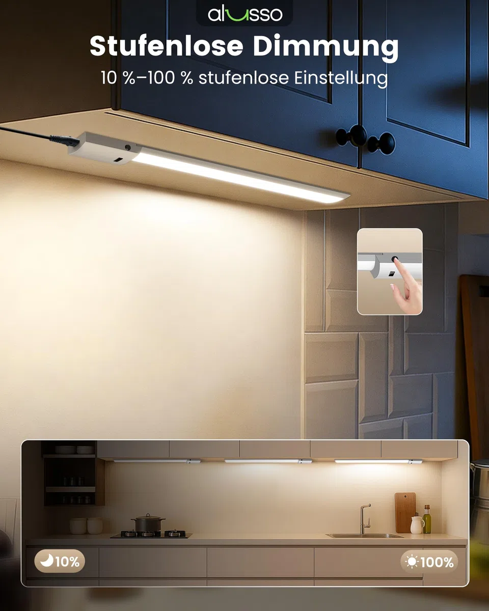 ALUSSO 60cm Unterbauleuchte küche LED Dimmbar, 3 Farbtemperatur Lichtleiste mit Berührungsloser Sensor, Ultra Dünn Unterschrank Beleuchtung für Schrank, Regale, Werkbank, 780Lumen