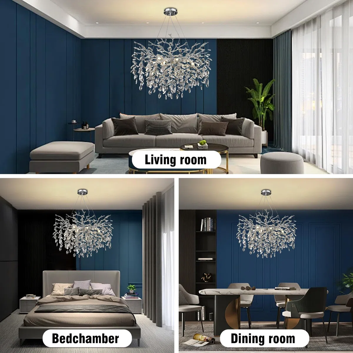 AHXIAOZN Luxury Tree Branch Kronleuchter, Modern Kronleuchter Kristall Leuchte, Große Luxus Kristall Pendelleuchte, Raindrop Leuchte, für Esszimmer, Wohnzimmer (Silber 80cm)