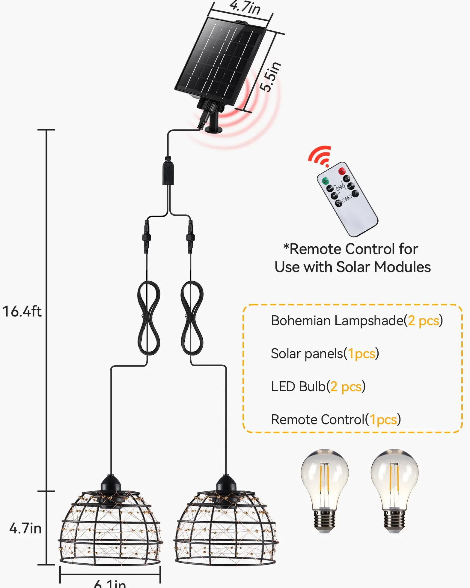 Solar Hängeleuchte für Außen Innen, 1 Solarpanel versorgt 2 Boho Solarlampen mit Fernbedienung Helligkeit einstellbar, Timer IP65 wasserdicht für Garten Terrasse Pavillon Garage Balkon