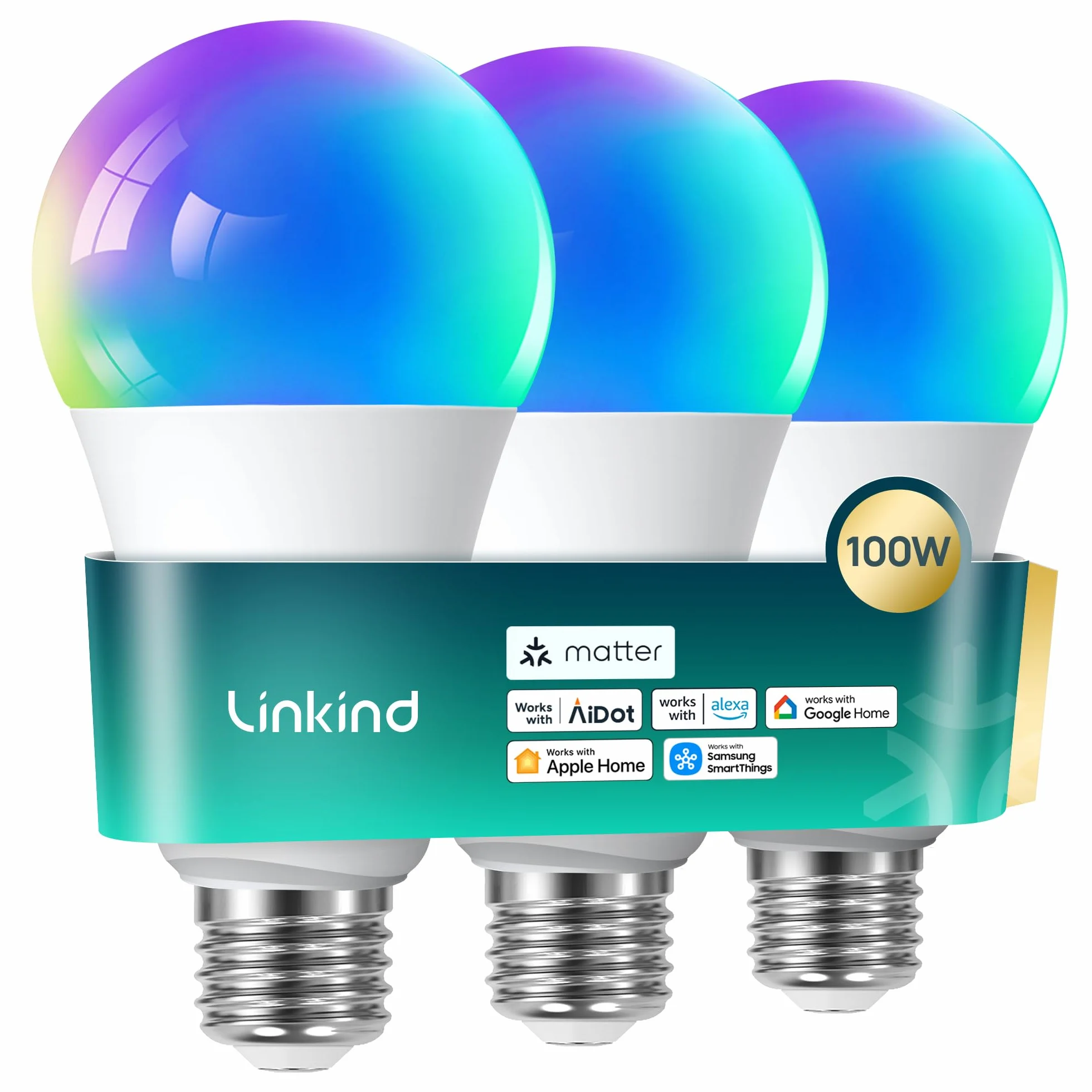 Linkind E27 Matter smart glühbirne 1600lm smart homekit lampe (104 Szenen) 14W ersetzt 100W WLAN LED Lampe RGBTW 2,4-GHz kompatibel Apple HomeKit/Alexa/Siri/Google/SmartThings, A67,3 Stück