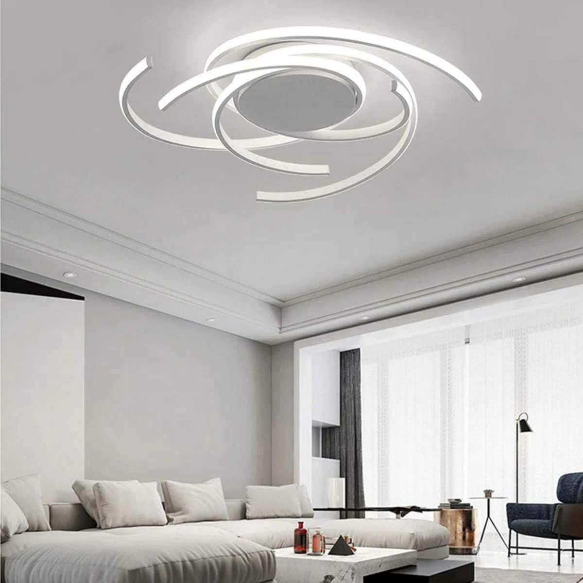Moderne LED-dimmbare Deckenleuchte mit Fernbedienung Kücheninsel Lampe Esstisch Kreative Spirale Blumenform Design Metall Acryl Decke Kronleuchter Beleuchtung, Weiß
