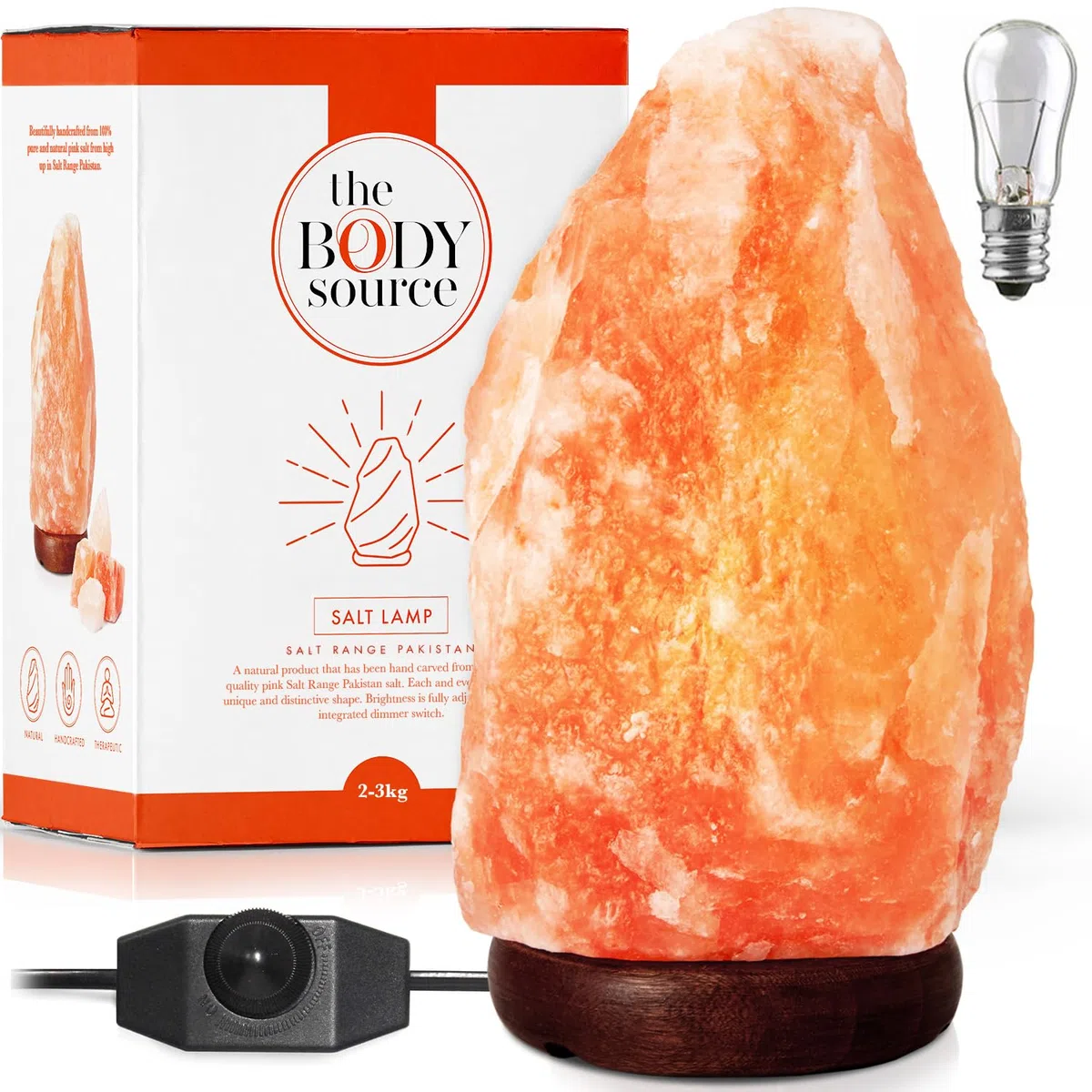 The Body Source Salzlampe (2-3 kg) mit Dimmerschalterlicht aus der Salt Range Pakistan auf einem Holzständer - Nachtlicht inkl. 1x 10W Glühbirnen und Geschenkbox