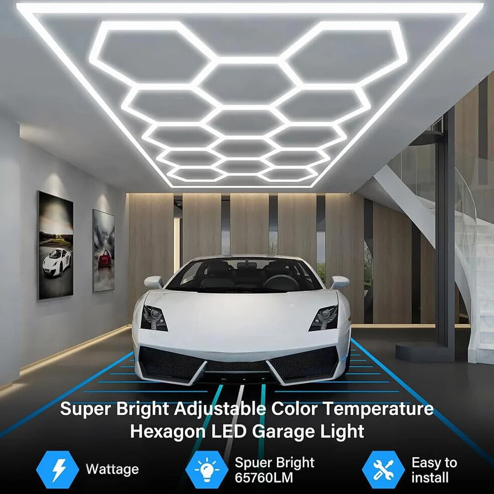 14pcs Hexagon Waben LED Licht mit Rahmen, super helle reine weiße LED Garage Werkstatt Beleuchtung