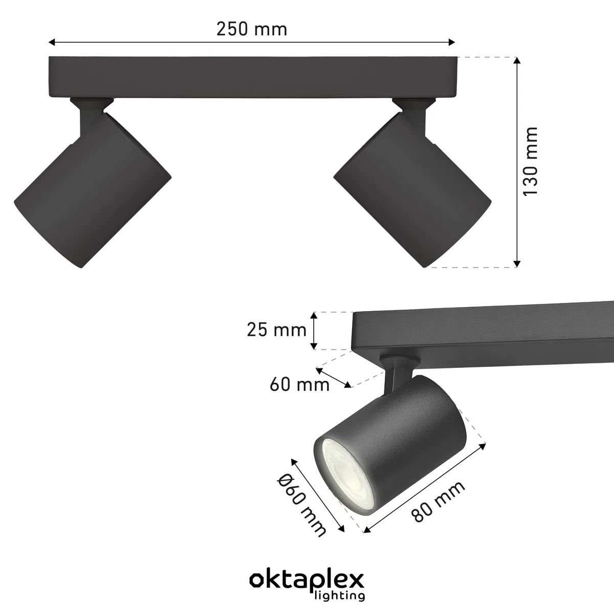 Oktaplex Bora Deckenstrahler Led 2-flammig schwarz inkl. Leuchtmittel | GU10 warmweiß 450lm 2,5W LED Strahler Deckenleuchte - Energieklasse A schwenkbar