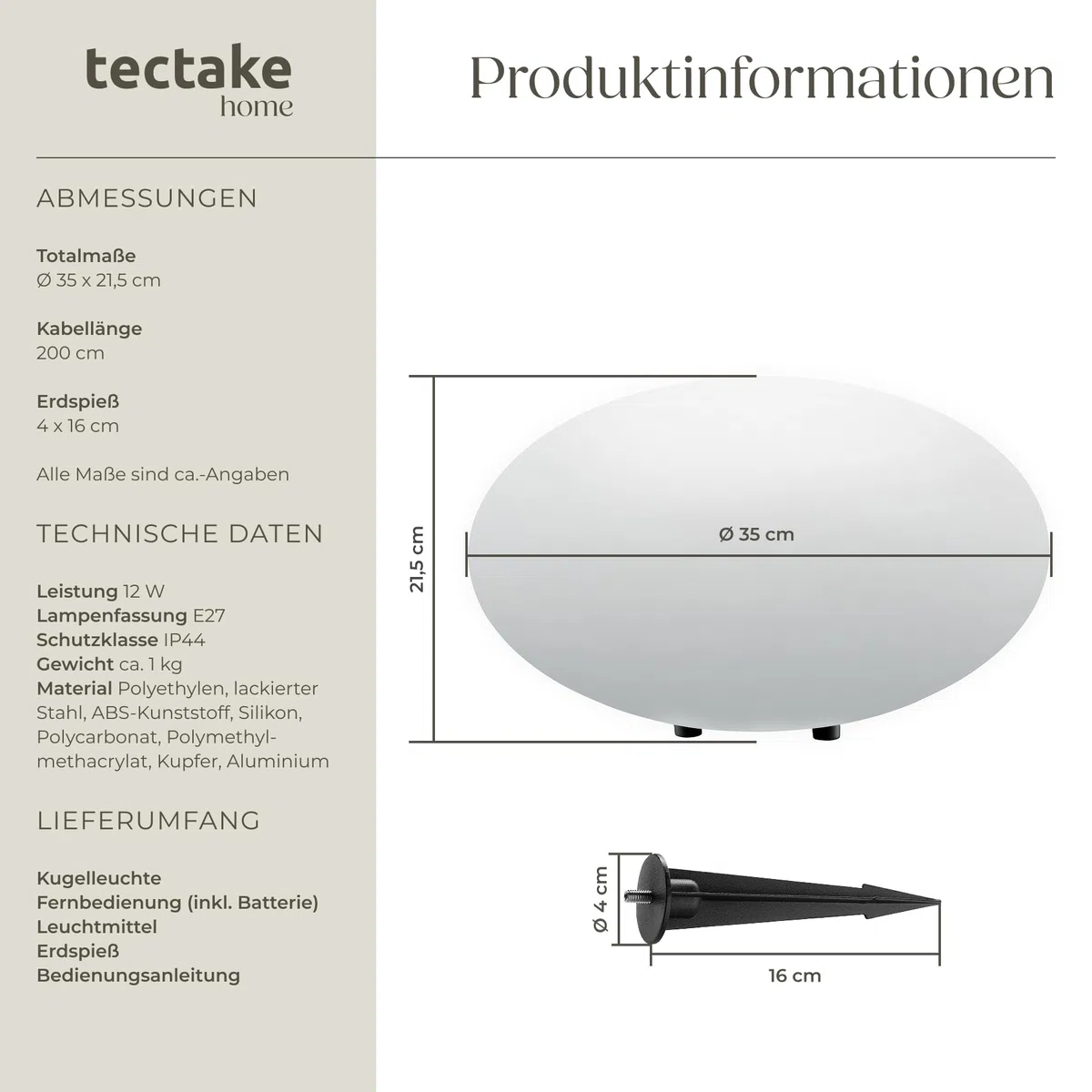 tectake® LED Kugelleuchte, Ø 35 x 21,5 cm, outdoor Lampe, Deko Garten, Beleuchtung Garten oder Nachttischlampe, LED Tischlampe, Deko Wohnzimmer, Balkon Deko, Wegeleuchten außen, Außenleuchte- Size M