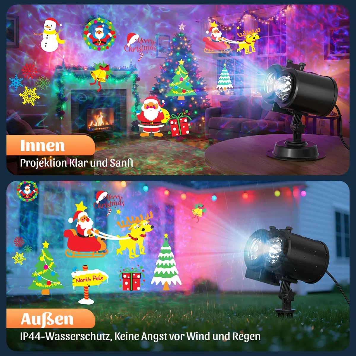 OUSFOT Projektor Weihnachten Aussen, 16 Folien, Halloween Projektor mit Fernbedienung und Timer-Funktion, Geeignet für Erntedankfest, Weihnachten, Neujahr, Partys