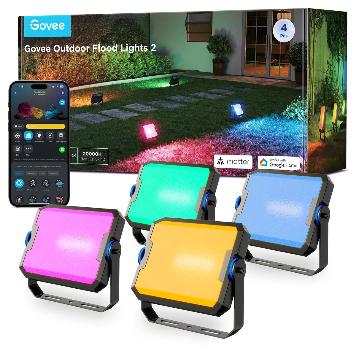 Govee Outdoor LED Strahler 48W RGB Außen Kalt/Warmweißes Licht 4000LM Kompatibel mit Alexa Matter IP66 Wasserdicht Flutlicht 4pcs