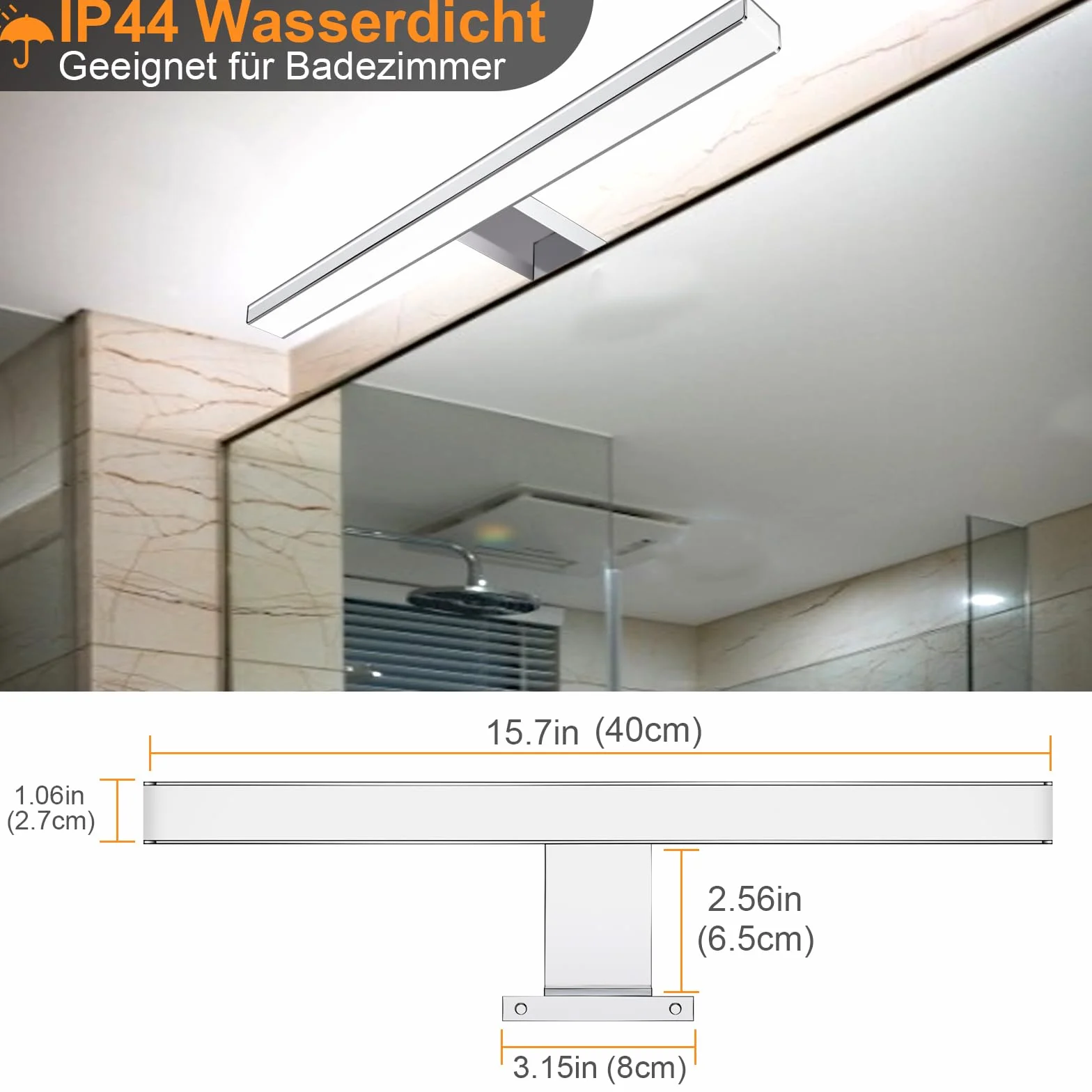 Karrong Spiegelleuchte Bad 40CM mit Schalter Fernbedienung, Dimmbar 3000K Warmweiß 4000K Naturweiß 6000K Kaltweiß IP44 Wasserdicht LED Spiegellampe für Badzimmer Aluminium 1200LM, 12W AC100-265V, Weiß