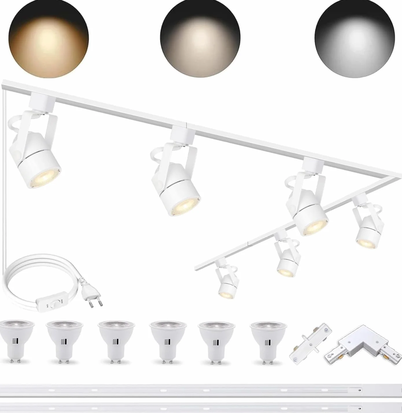 LED-Beleuchtungsset GU10 Schienenkopf 10 W 3CCT verstellbarer Deckenstrahler 3000K/4000K/6000K 6 GU10-Glühbirnen