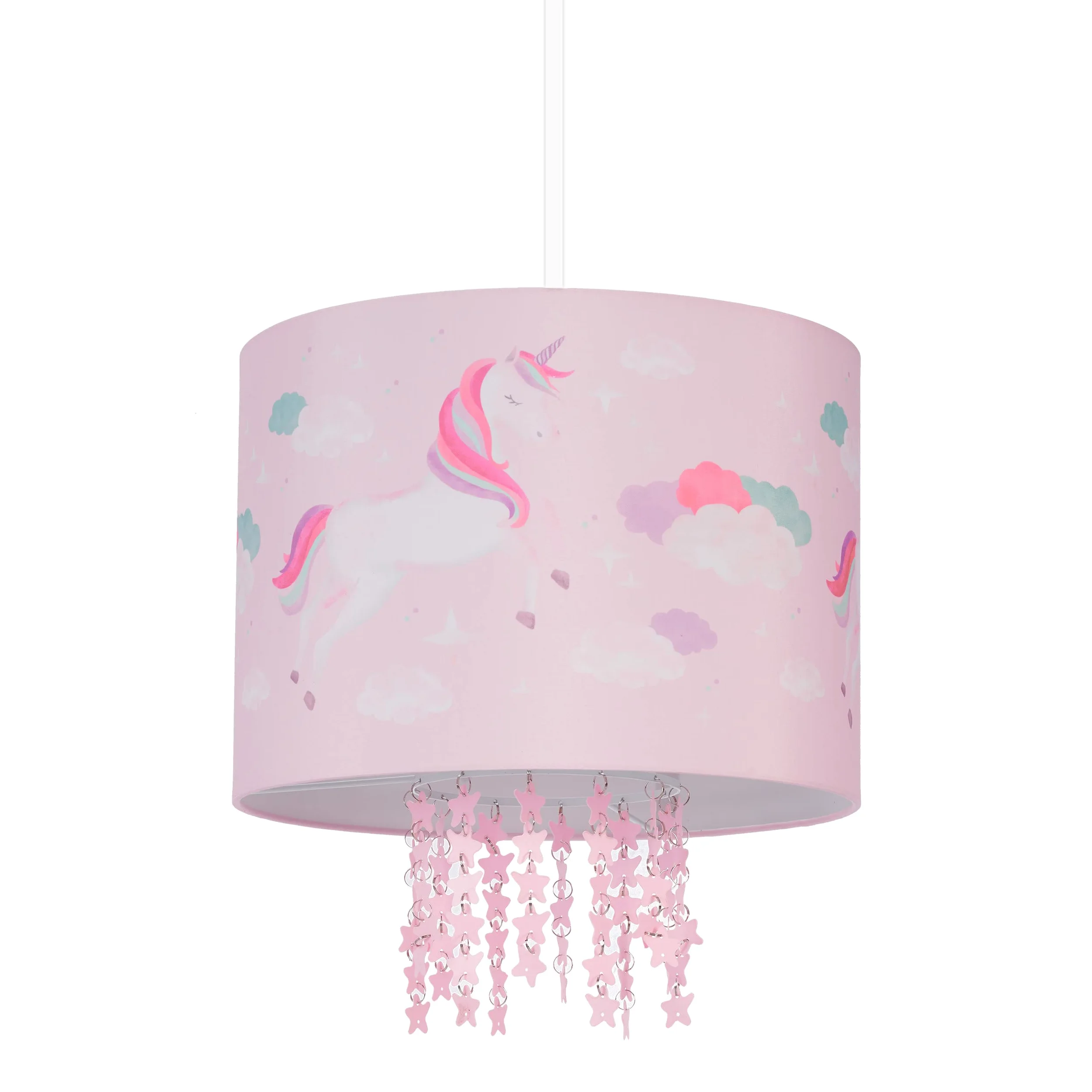 Relaxdays Hängelampe Kinderzimmer, Lampenschirm mit Einhorn-Motiv, HxD: 158 x 35 cm, E27, Pendelleuchte für Kinder, rosa