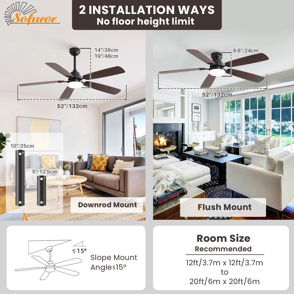 Sofucor Deckenventilator mit Beleuchtung und Fernbedienung, DC, 132 cm, 5 Flügeln, Timer, 3 Farbtemperatur, 6 Geschwindigkeiten, Sommer Winterbetrieb