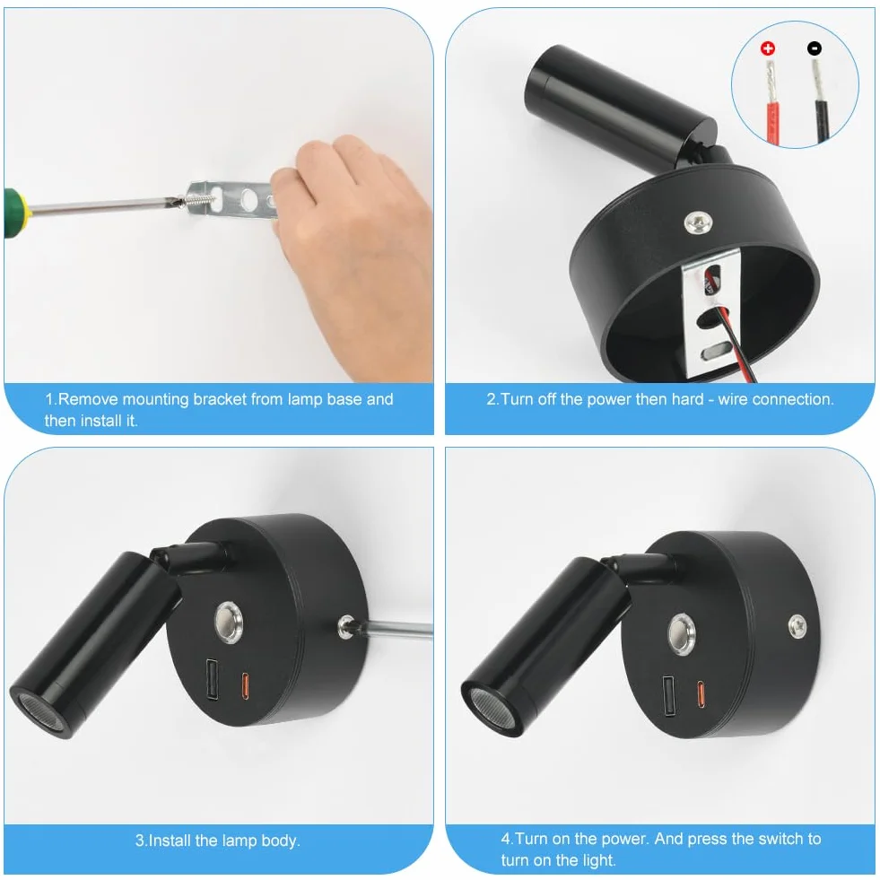 12V LED Leselampe Wohnmobil, 2 Stück Wohnmobil, Wandleuchte Bettlampe mit Schalter Touch Dimmbar, 3 Farbtemperatur Modi mit Ladefunktion USB A+C-Anschlüssen für Auto Wohnwagen Innenbeleuchtung