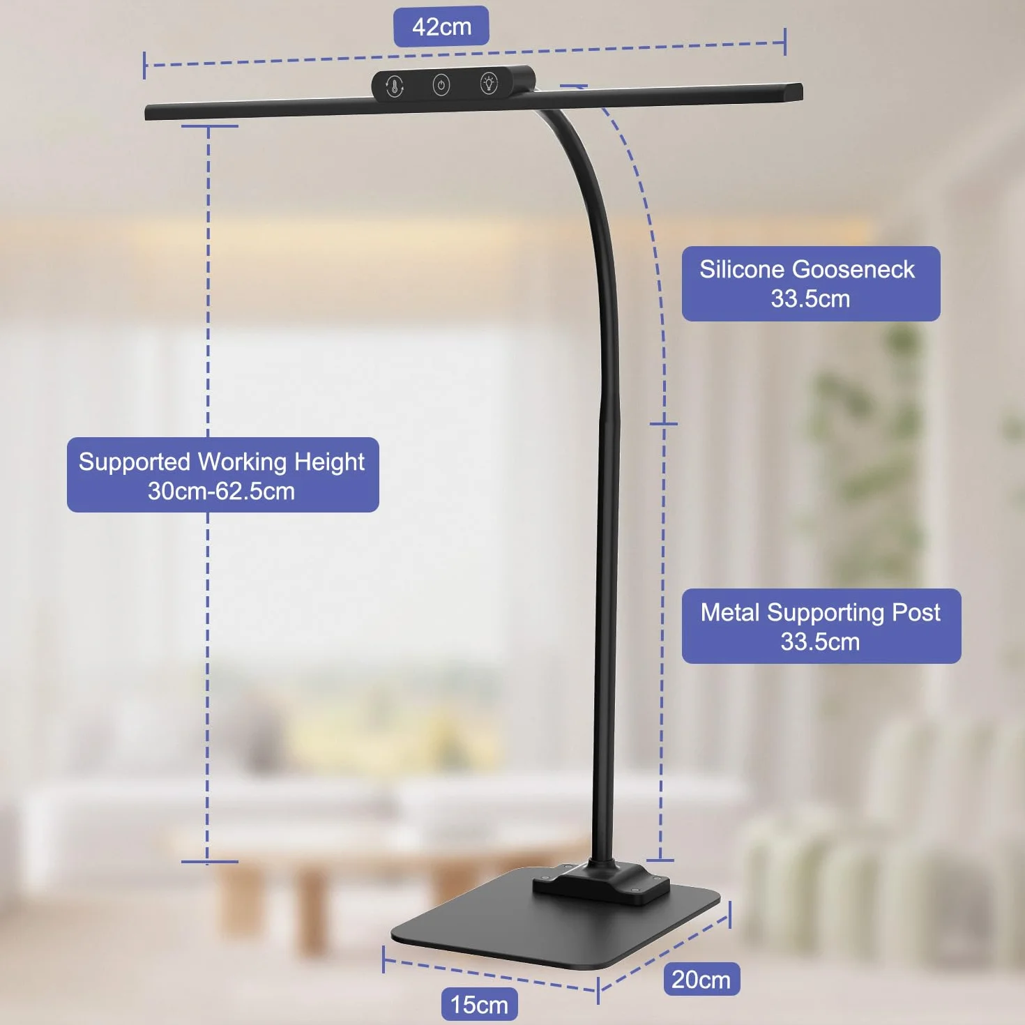 KableRika LED Schreibtischlampe Dimmbar, Flimmerfreie Augenschonende Tageslichtlampe, 4 Farbtemperaturen + 4 Helligkeitsstufen, Flexibler Schwanenhals, für Homeoffice, Lesen & Monitor, Schwarz