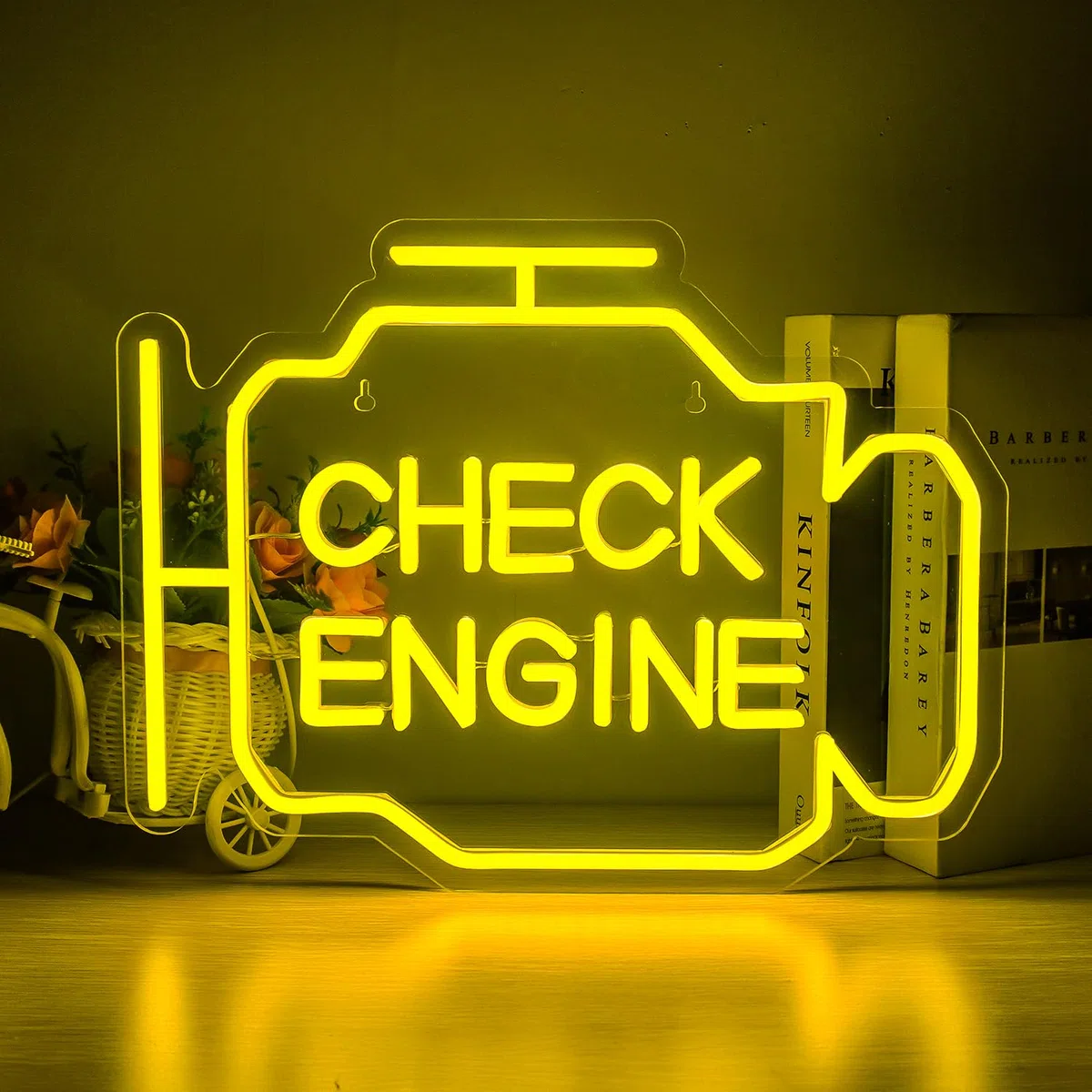 Horseneon Check Engine Neon Schild für Garage LED Schilder Leuchtschilder für Autowerkstatt USB-Dimmer Neon Sign gelbe Neon Light für Wanddekoration Auto Zimmer Männerhöhle Garage Werkstatt