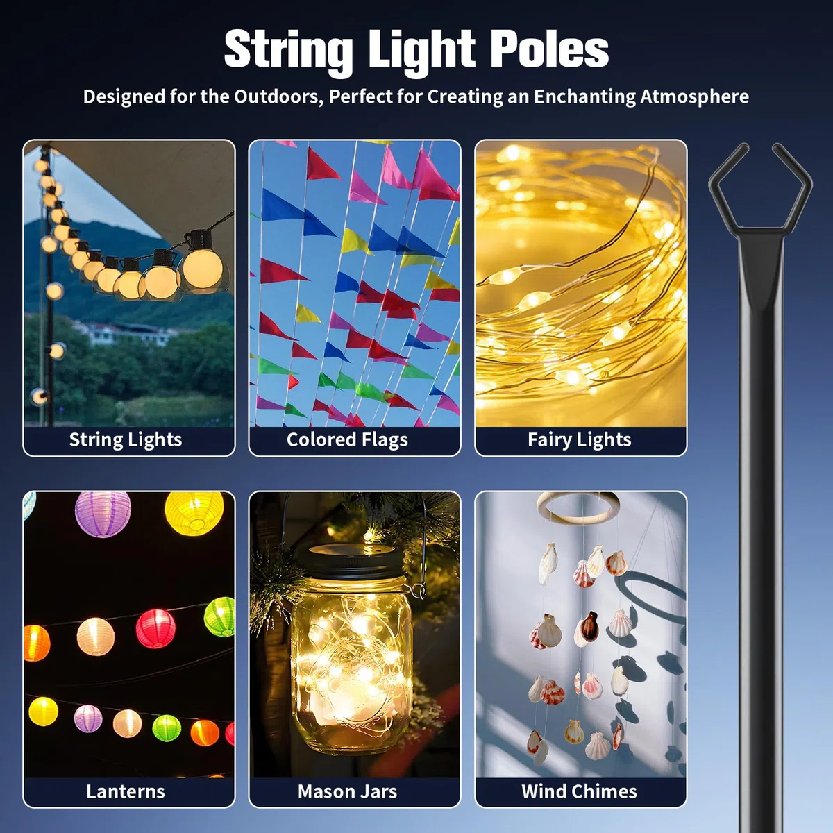 2 Pack 9.8FT Lichterketten Stange für Außenbereich – String Light Pole für Deck, Garten und Patio, Langlebig Terrasse Beleuchtung Stand für Hochzeit,Parteien,Weihnachten