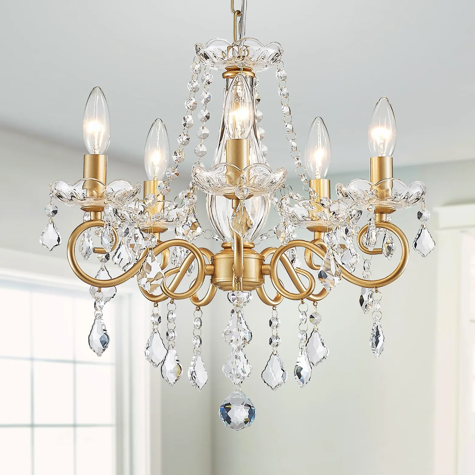 WUZUPS Kristall Kerze Kronleuchter Pendel Flushmount Deckenleuchte Moderne Beleuchtung für Schlafzimmer Flur Bar Küche Bad, H42 W43, Gold, E14 Base