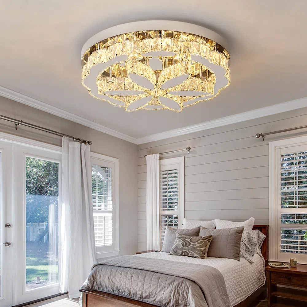 GreeLustr Moderne Kristall Kronleuchter Mit Fernbedienung für Wohnzimmer, Dimmbar Deckenleuchte Kristalle mit Elegantem Design für Schlafzimmer Flur Küche, Silber Deckenlampe Kristall für Decke (50cm)