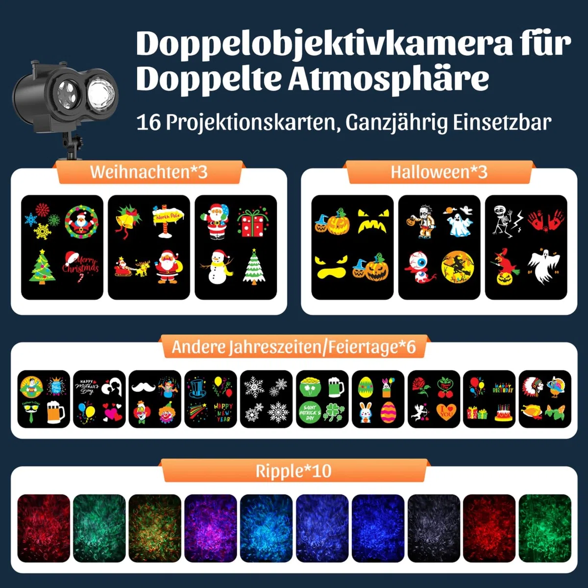OUSFOT Projektor Weihnachten Aussen, 16 Folien, Halloween Projektor mit Fernbedienung und Timer-Funktion, Geeignet für Erntedankfest, Weihnachten, Neujahr, Partys