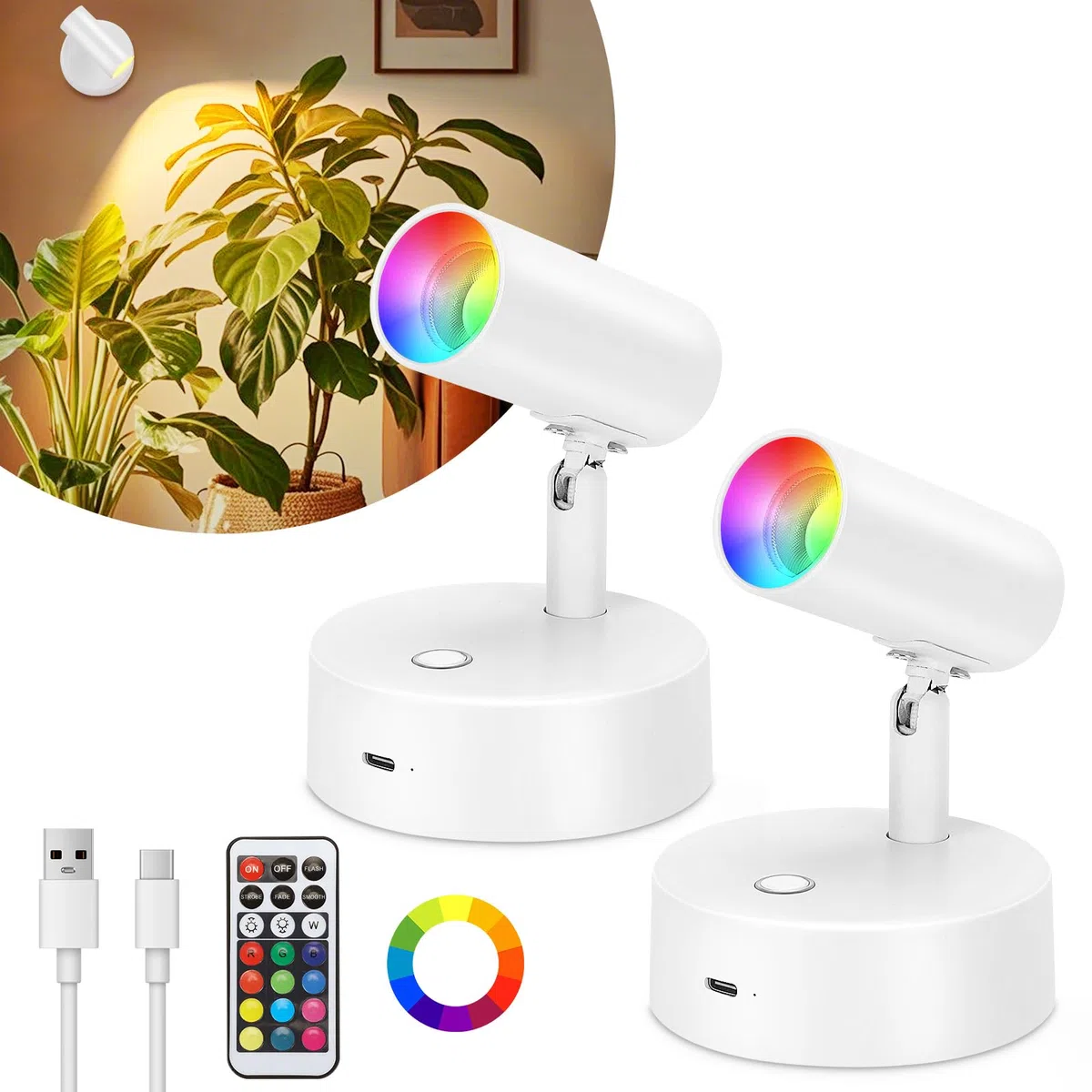 2 Stück Kabellose Spotlight mit Fernbedienung RGB, 5500mah Bilderleuchte Kabellos, Aufladbar Wandstrahler Innen, 13 Farbe Akku Strahler LED, Dimmbar Pflanzenstrahler Batterie Weiß