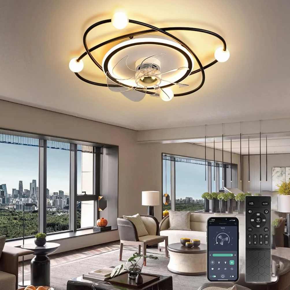 Moderner Deckenventilator mit Beleuchtung 55cm Dimmbare LED-Deckenlampe 48W Timer für Wohnzimmer Esszimmer Schwarz