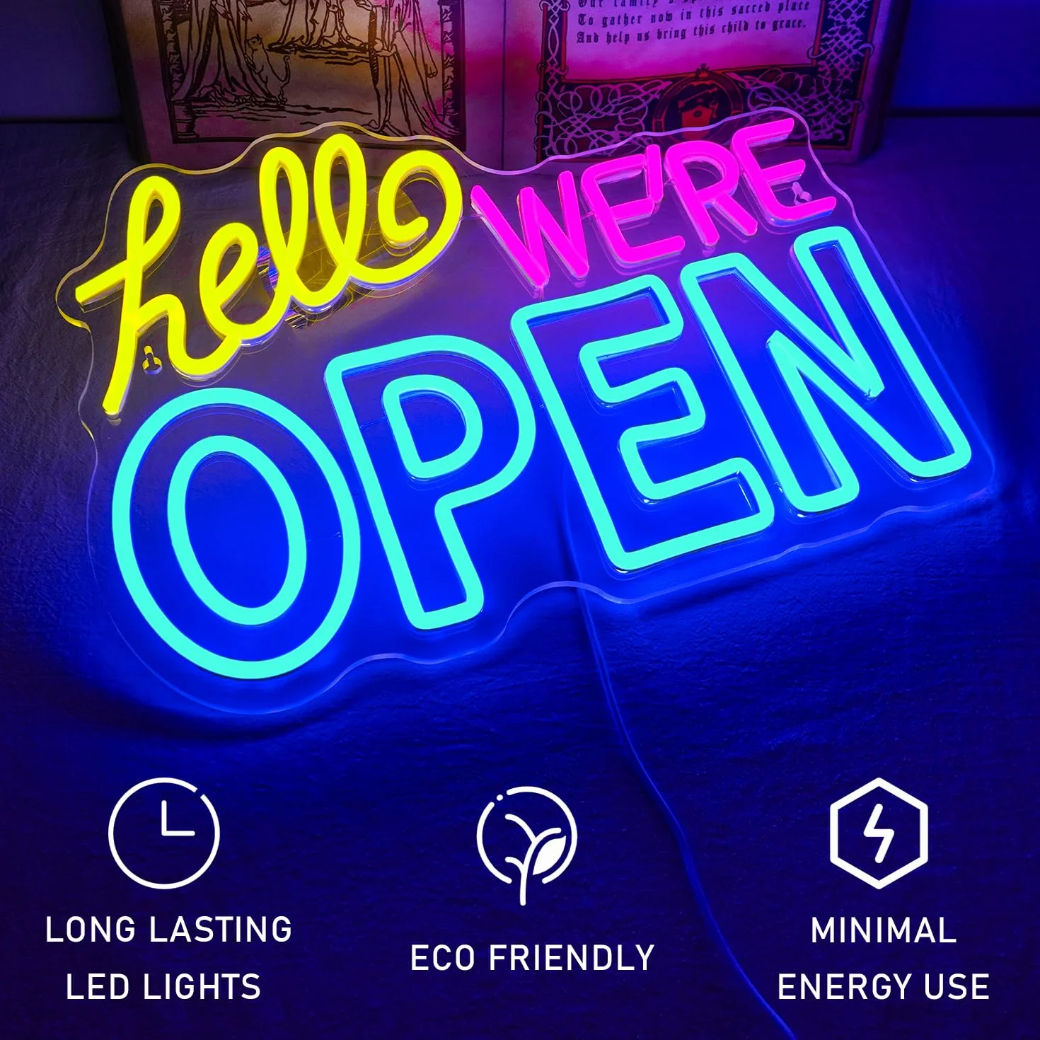 Ineonlife Open Schild Led We are Open Noen Schild für Wanddekoration, Leuchtschild Business Operations mit Dimmbar Usb, Blau Gelb Rosa Open Led Schild für Business Bar Shop Salon Hotel Cafe Store