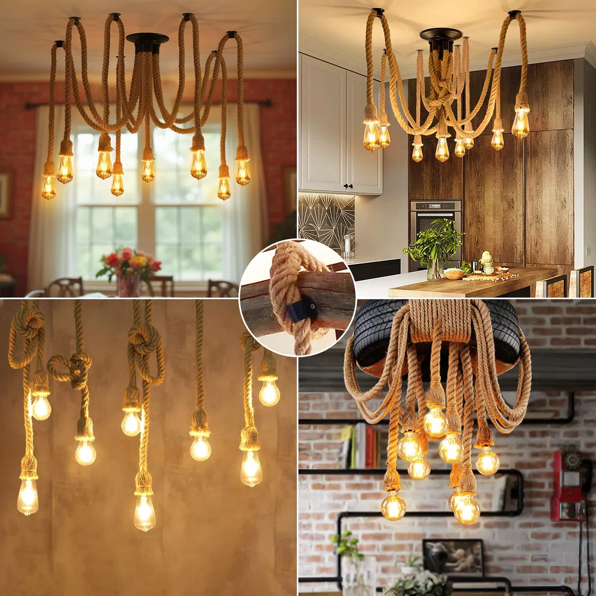 ANWIO Hanfseil Deckenlampe Pendelleuchte 8 Flammig, Spinne Kronleuchter, Hanfseil DIY Deckenleuchte Küche, Retro Hängelampe, Seil Pendellampe E27 für Speisesaal Schlafzimmer Wohnzimmer Esszimmer Hotel