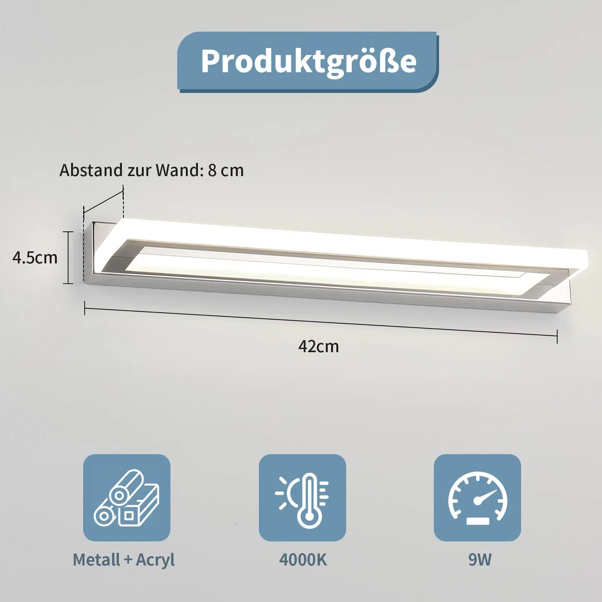 LED Spiegelleuchte Bad 42cm - Moderne Badezimmerlampe mit IP44, Chrom Finish, 9W 4000K für Spiegel und Wand
