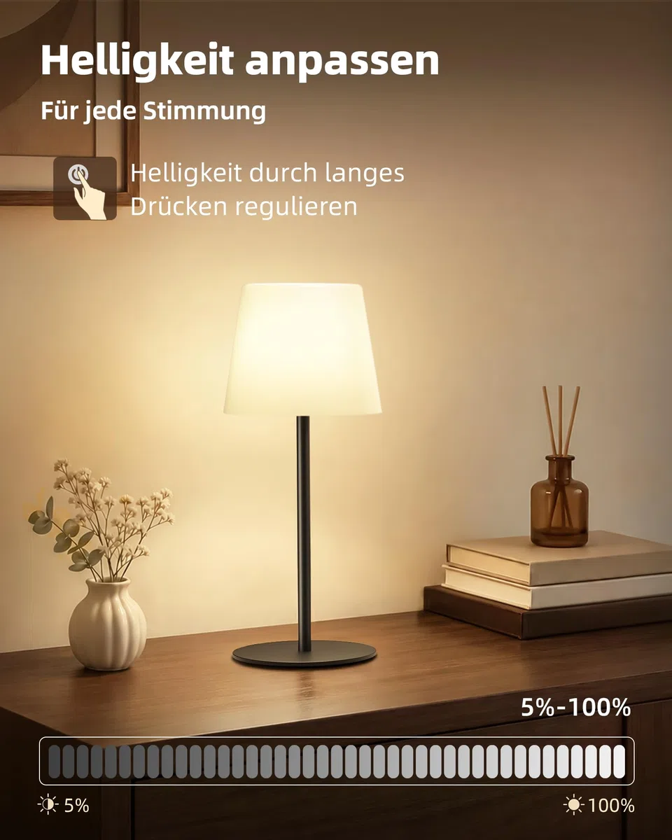 EZVALO 2er-Set Kabellose Tischlampe LED, IP65, 4500mAh USB-C, Touch-Dimmbar mit 3 Farbtemperaturen, Perfekte Nachttischlampe, Campinglampe & Tischleuchte für Outdoor und Innen (Schwarz, 2 Stück)