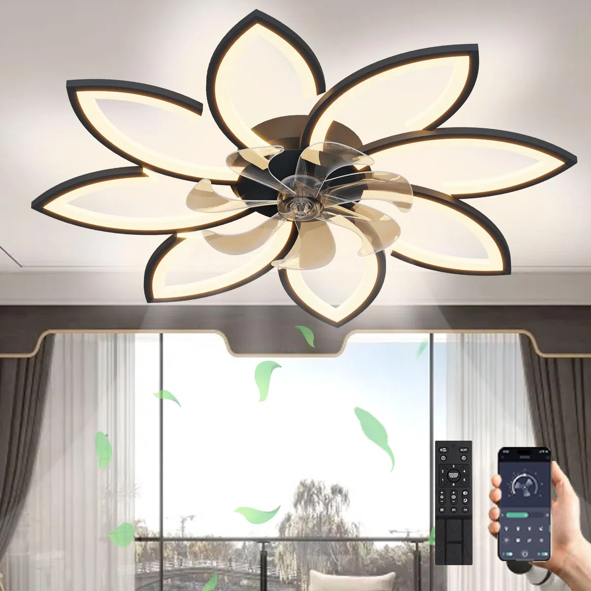 LED Deckenventilator Mit Beleuchtung 72W Dimmbar 3000K-6000K Stumm Reversibel Schwarz 8 Köpfe 90x15cm