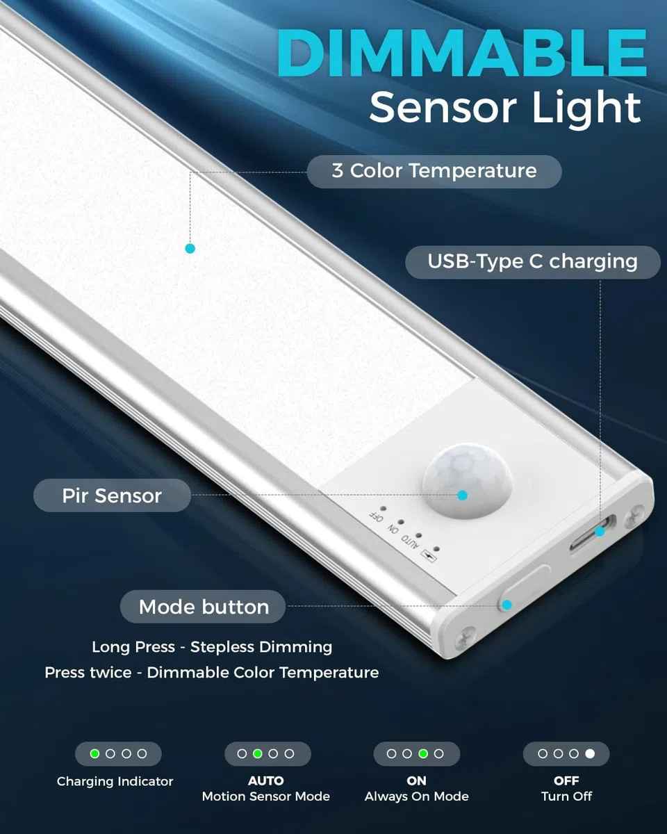 libtit 30CM Unterbauleuchte Küche Led, Dimmbar Schrankbeleuchtung mit Bewegungsmelder, 3000K-4000K-6500K Farbmodi, Hell USB Aufladbar Lichtleiste für Schrank Treppe Flur, 4Stück