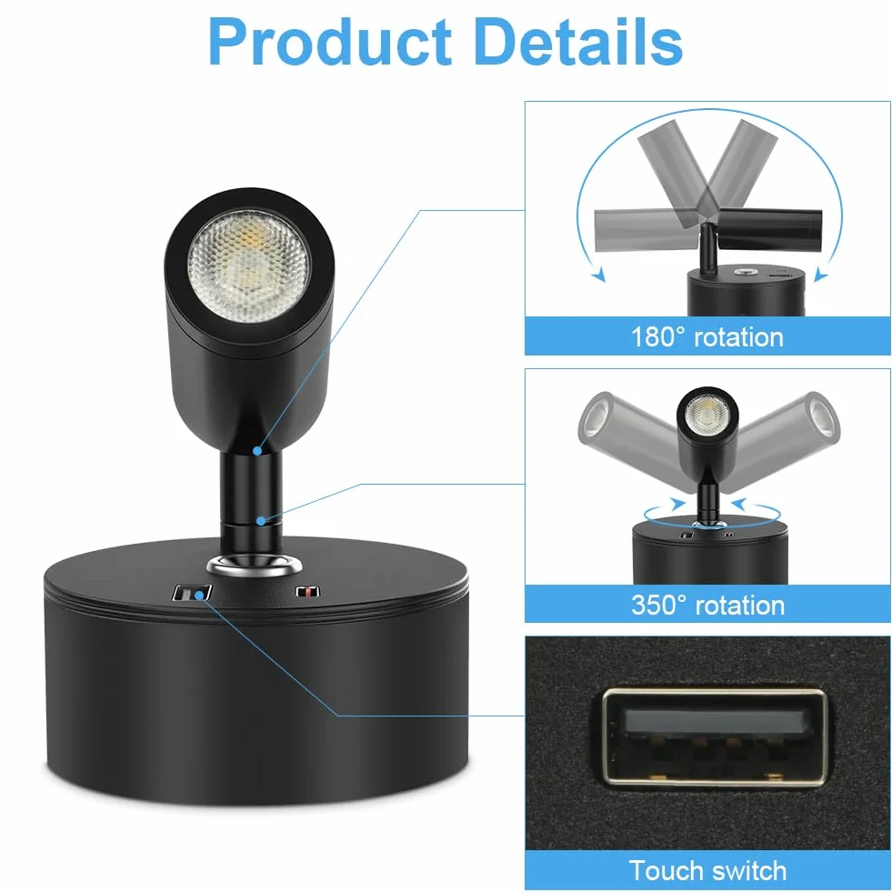 12V LED Leselampe Wohnmobil, 2 Stück Wohnmobil, Wandleuchte Bettlampe mit Schalter Touch Dimmbar, 3 Farbtemperatur Modi mit Ladefunktion USB A+C-Anschlüssen für Auto Wohnwagen Innenbeleuchtung