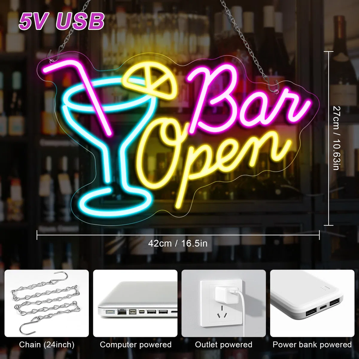 inShareplus Bar Open Neon Schild, Cocktail Leuchtreklame für Wand, Dimmbar Bar Schild mit USB-Betrieb, Open Schild für Bar, Hausbar, Club, Bistro, Party, Open Sign für Schaufenster Dekorationen
