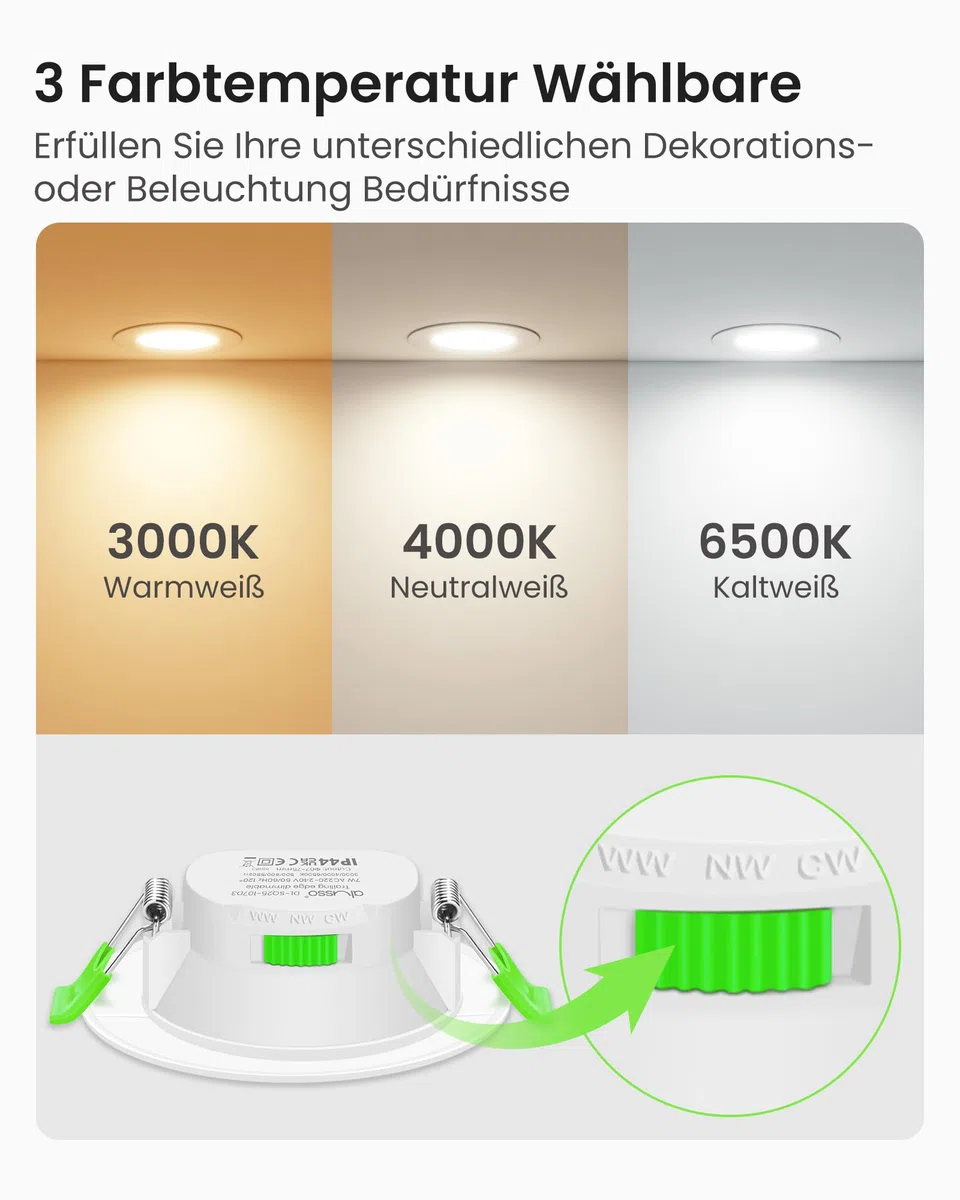 ALUSSO LED Einbaustrahler 230V Dimmbar 68mm 7W Ultra Flach IP44 LED Spots Warmweiß Neutralweiß Kaltweiß Deckenspots für Badezimmer Küche Wohnzimmer, Weiss, 6er Set
