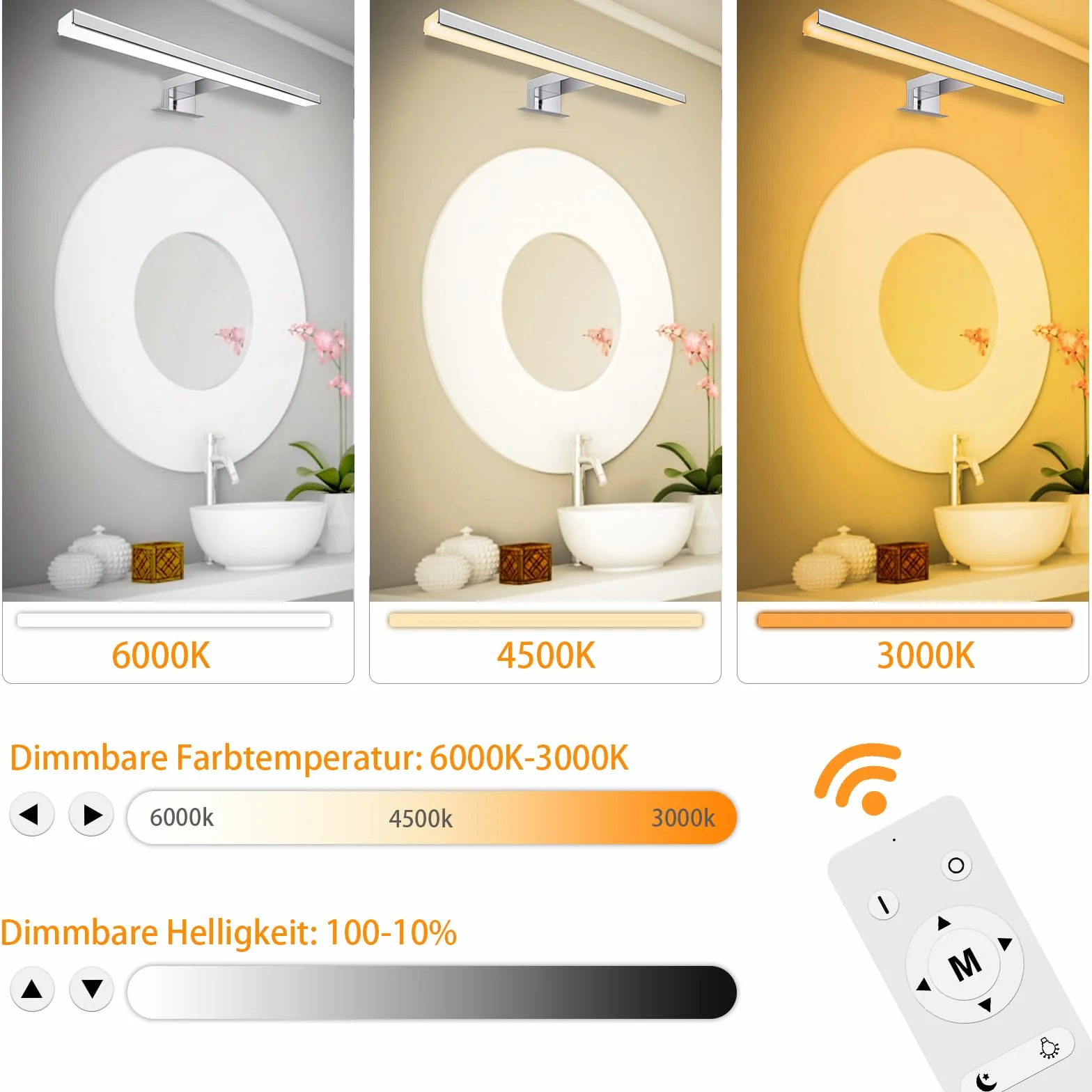 Karrong Spiegelleuchte Bad 40CM mit Schalter Fernbedienung, Dimmbar 3000K Warmweiß 4000K Naturweiß 6000K Kaltweiß IP44 Wasserdicht LED Spiegellampe für Badzimmer Aluminium 1200LM, 12W AC100-265V, Weiß