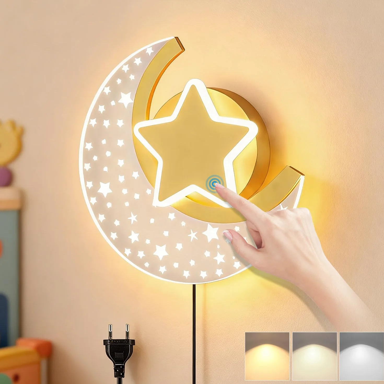 KZT LED Wandleuchte mit Stecker 3 Farben Einstellbar Wandlampe Kinderzimmer Touch Schalter Mond Nachttischlampe mit 180cm Kabel Innen Wandbeleuchtung Deko für Kinder Madchen Junge Schlafzimmerlampe
