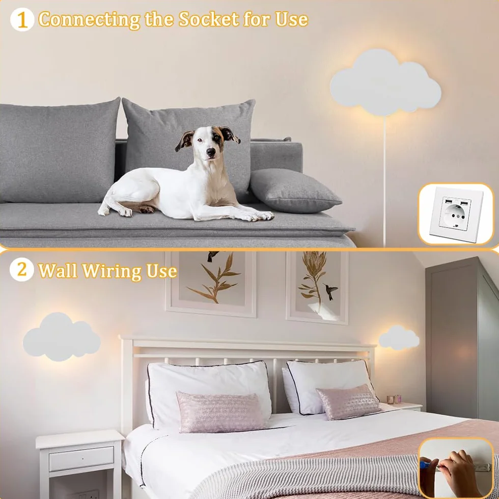 LED Wandleuchte mit Touch Schalter Kinder Dimmbar Nachtlicht Innen Warmweiß Wandlampe mit Stecker Modern Junge Mädchen Nachttischlampe für Babyzimmer Schlafzimmer Wohnzimmer Wolken Wandbeleuchtung