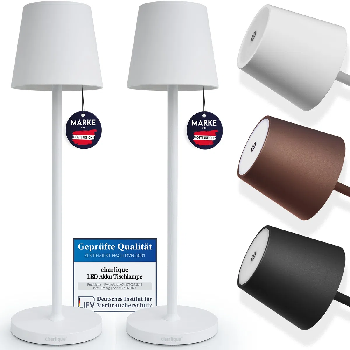 LED Akku Tischleuchte kabellos 2er Set weiß 38 cm dimmbar Alu