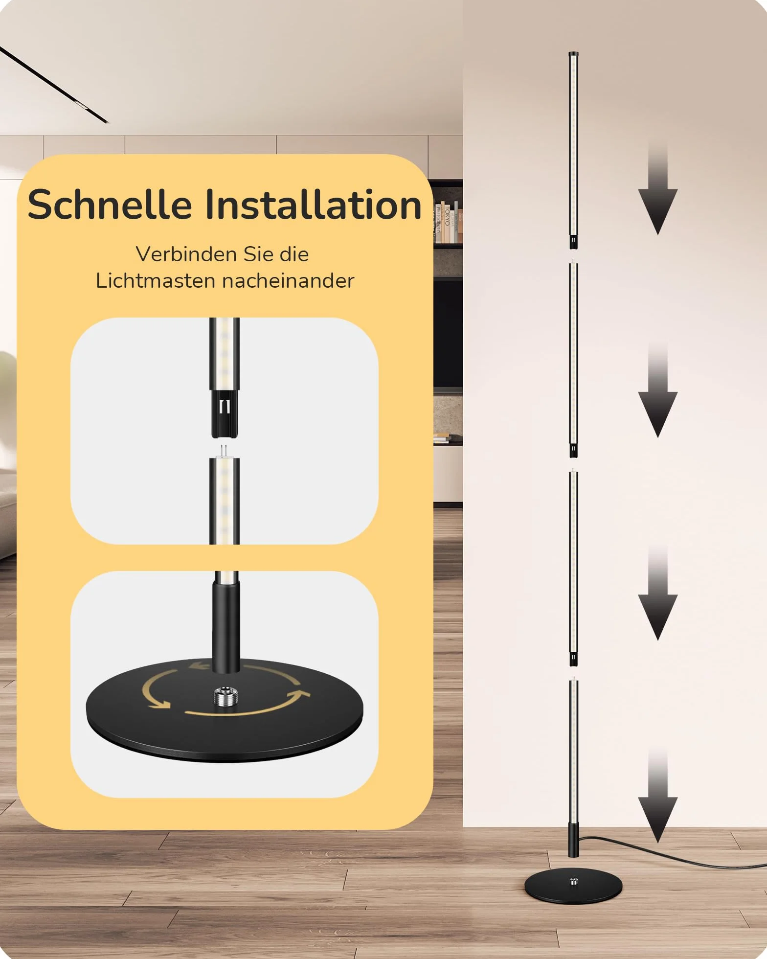 EDISHINE Stehlampe Wohnzimmer, LED Stehlampe Dimmbar, 3000K warmweiße Stehleuchte mit Memory-Funktion, höhenverstellbar 146 cm, moderne Standleuchte für Schlafzimmer und Büro, Schwarz