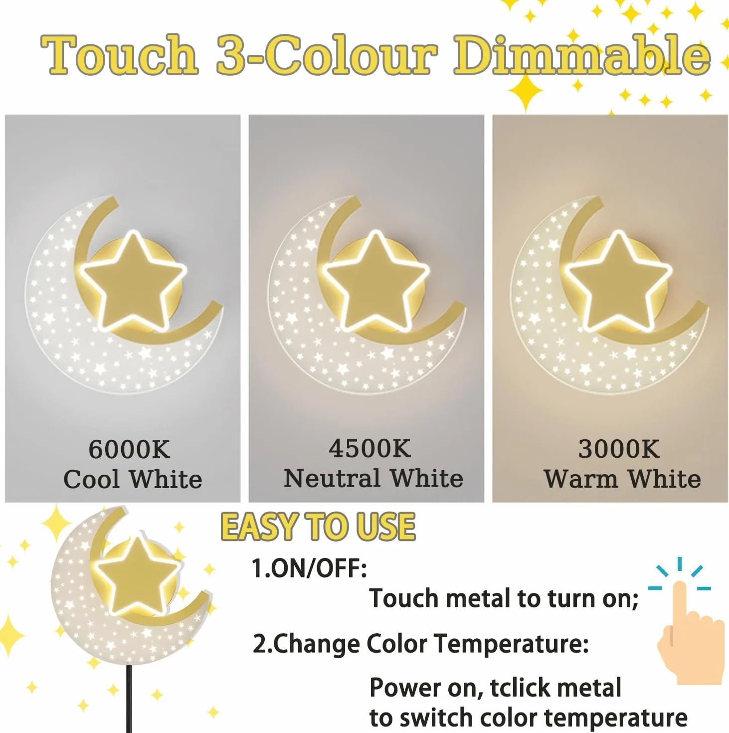 KZT LED Wandleuchte mit Stecker 3 Farben Einstellbar Wandlampe Kinderzimmer Touch Schalter Mond Nachttischlampe mit 180cm Kabel Innen Wandbeleuchtung Deko für Kinder Madchen Junge Schlafzimmerlampe