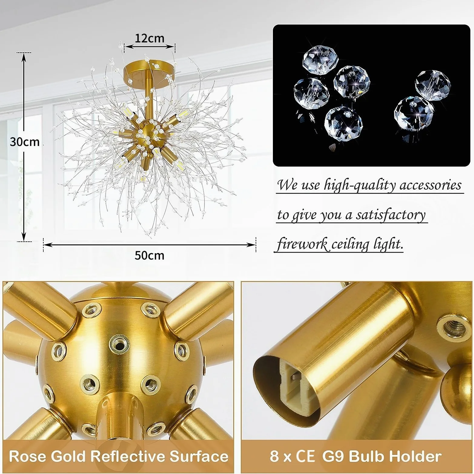 Rayofly Moderne Kristall Deckenleuchte, Feuerwerk Kristall Kronleuchter, 8-flammige Golden Deckenleuchten, Dimmbare Pendelleuchte, Kristalle Lampe für Wohnzimmer, Schlafzimmer, Esszimmer, Küche, Flur