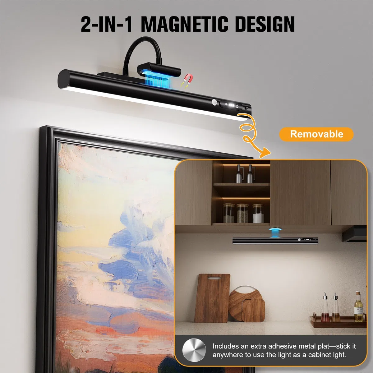 Bilderleuchten mit 9000mAh Akku und Bewegungsmelder, Magnet Bildbeleuchtung Kabellos, Akku Wandlampe Innen mit Fernbedienung Timer, LED Wandleuchte für Foto, Dartscheibe Spiegel (Schwarz, 1 Stück)
